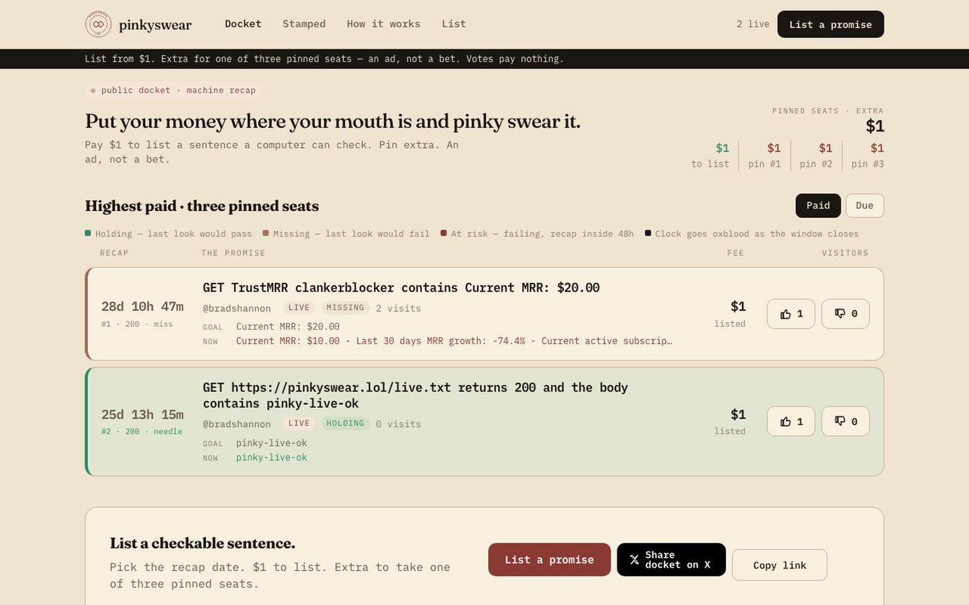 pinkyswear — put your money where your mouth is — screenshot