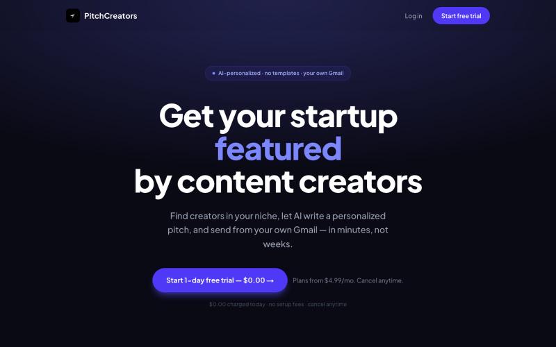 PitchCreators — Get Your Startup Featured by YouTube & Instagram Creators — screenshot