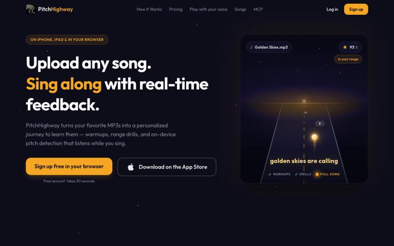 PitchHighway — Upload a song, learn to sing it — screenshot