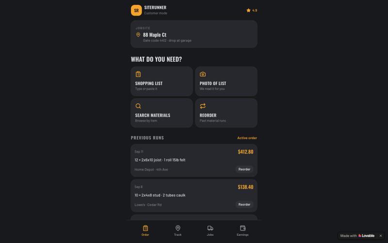 SiteRunner — Materials delivered to your jobsite — screenshot