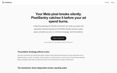 PixelSentry: Meta pixel uptime monitoring for Shopify ads — screenshot