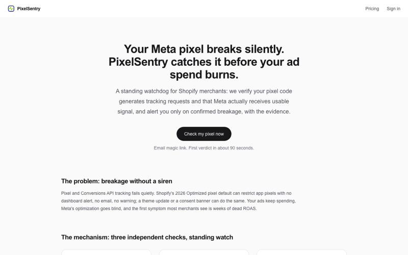 PixelSentry: Meta pixel uptime monitoring for Shopify ads — screenshot