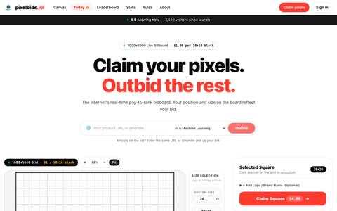 PixelBids.lol — Buy pixels. Outbid the rest. Get noticed. — screenshot