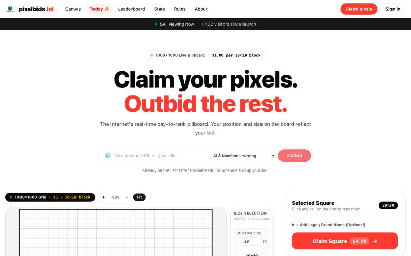 PixelBids.lol — Buy pixels. Outbid the rest. Get noticed. — screenshot