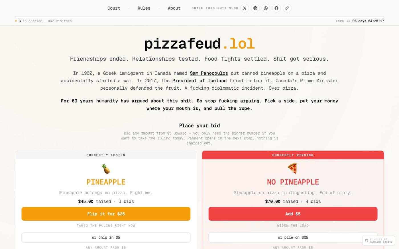pizzafeud.lol — pineapple on pizza, settled with money — screenshot