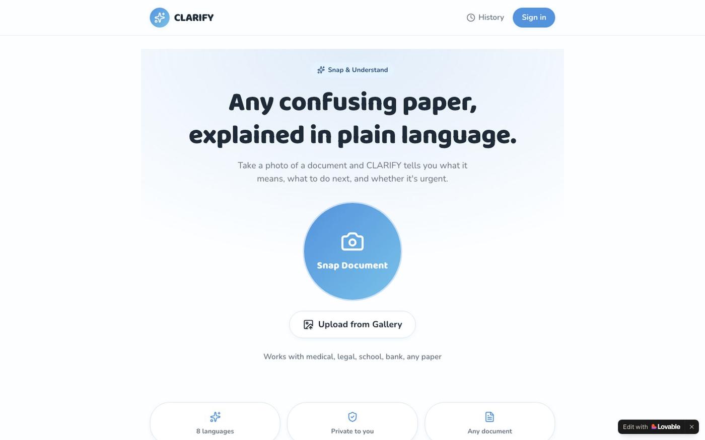 CLARIFY — Snap & Understand any document — screenshot