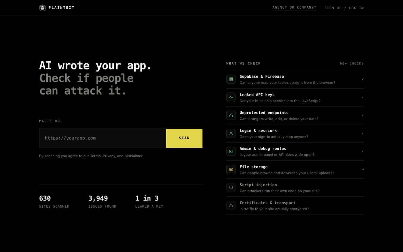 Plaintext · security scanning for AI-built apps — screenshot