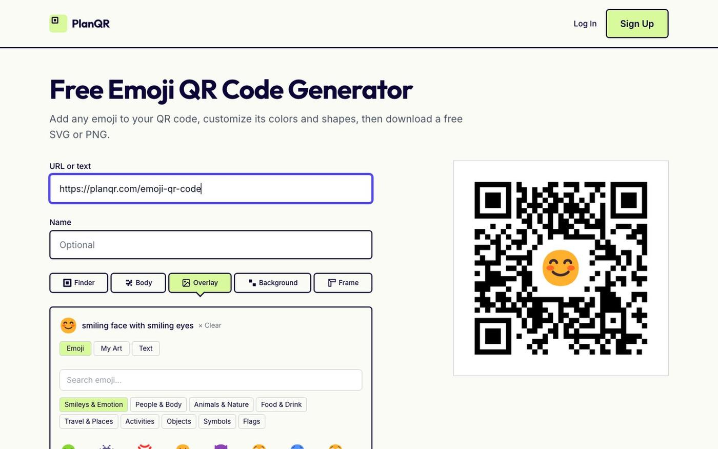 Emoji QR Code Generator — Free SVG Download | PlanQR — screenshot