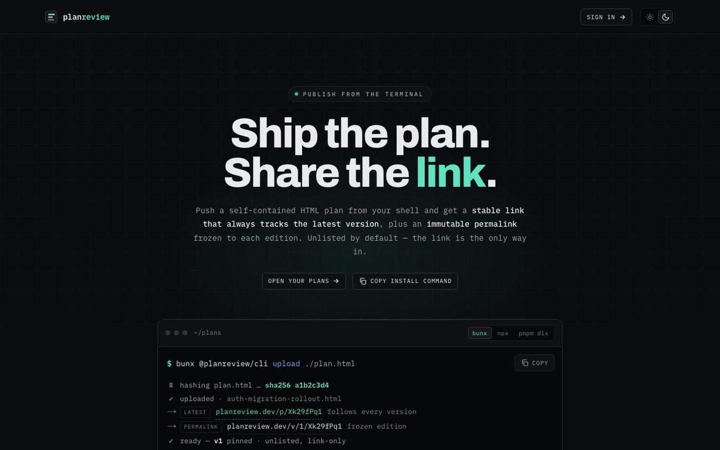 planreview.dev · publish plans from your terminal — screenshot