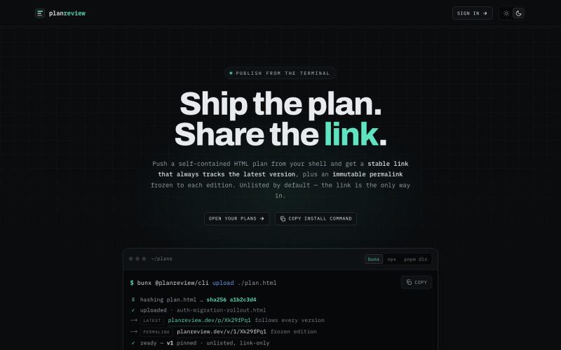 planreview.dev · publish plans from your terminal — screenshot