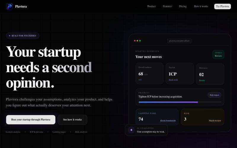 Plavtora | AI Startup Validation & Launch Analysis — screenshot