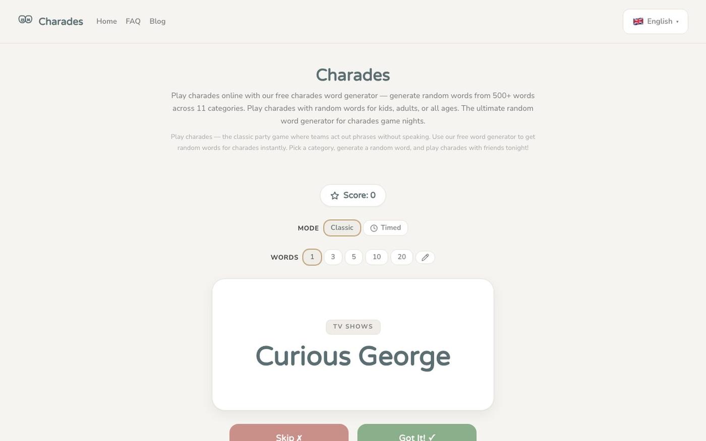 Charades — Play charades online with our free charades word generator — generate — screenshot