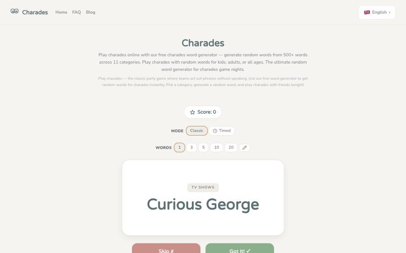 Charades — Play charades online with our free charades word generator — generate — screenshot