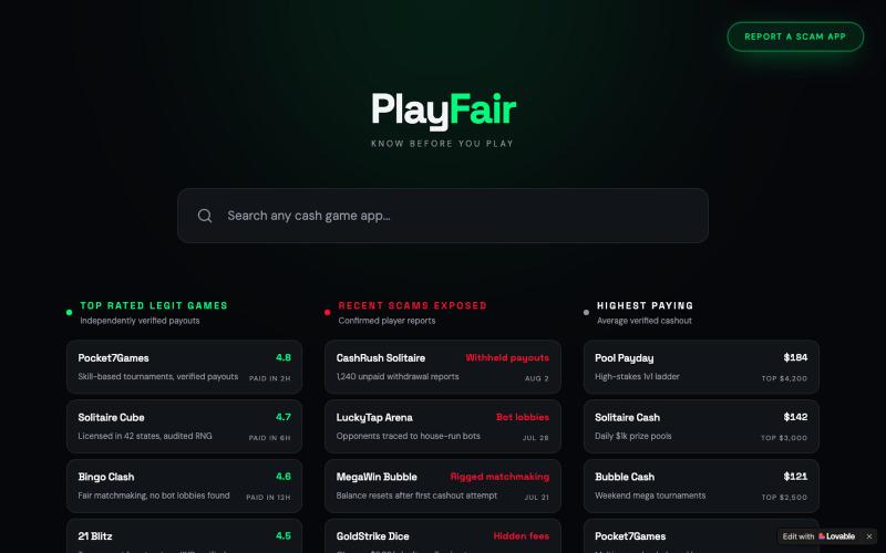 PlayFair — Which Cash Game Apps Actually Pay — screenshot
