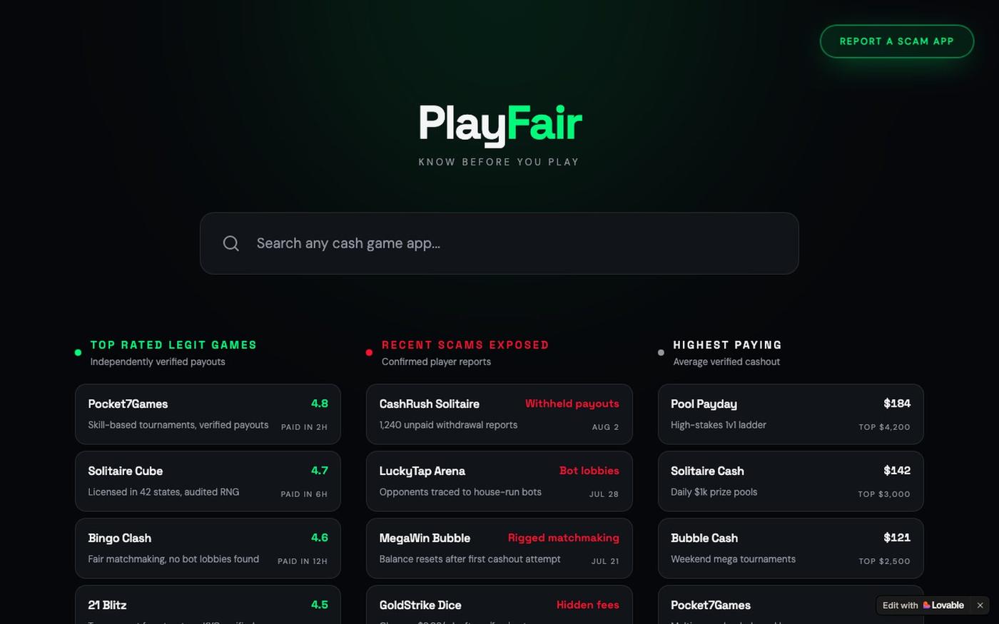 PlayFair — Which Cash Game Apps Actually Pay — screenshot