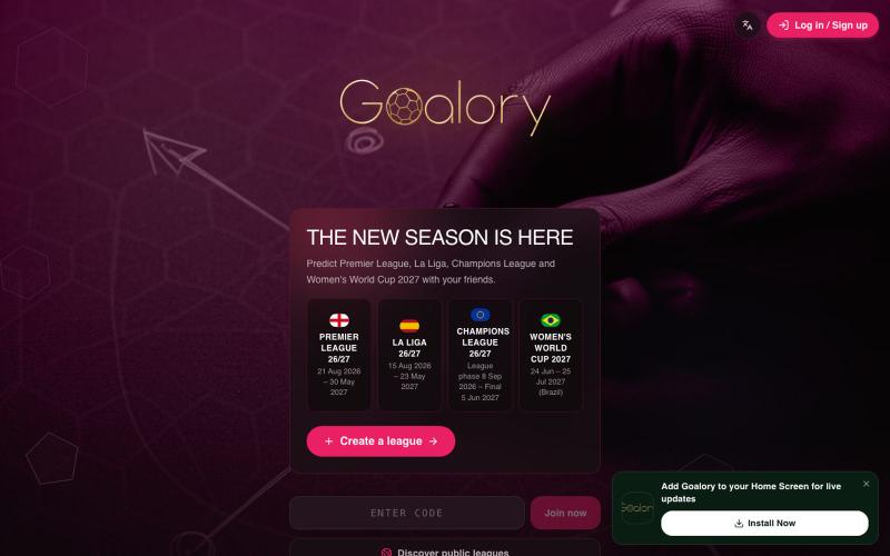 Goalory | Predict Premier League, La Liga, Champions League & WWC 2027 — screenshot