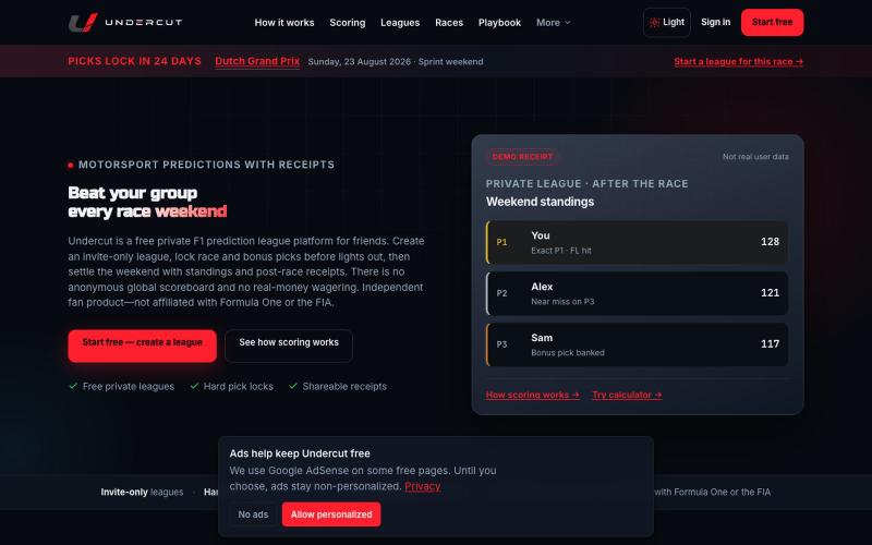 Private F1 Prediction Leagues With Friends | Undercut — screenshot