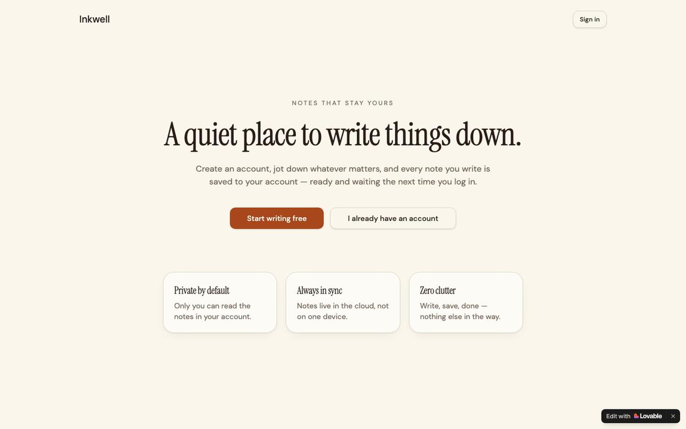 Inkwell — Private notes for your account — screenshot