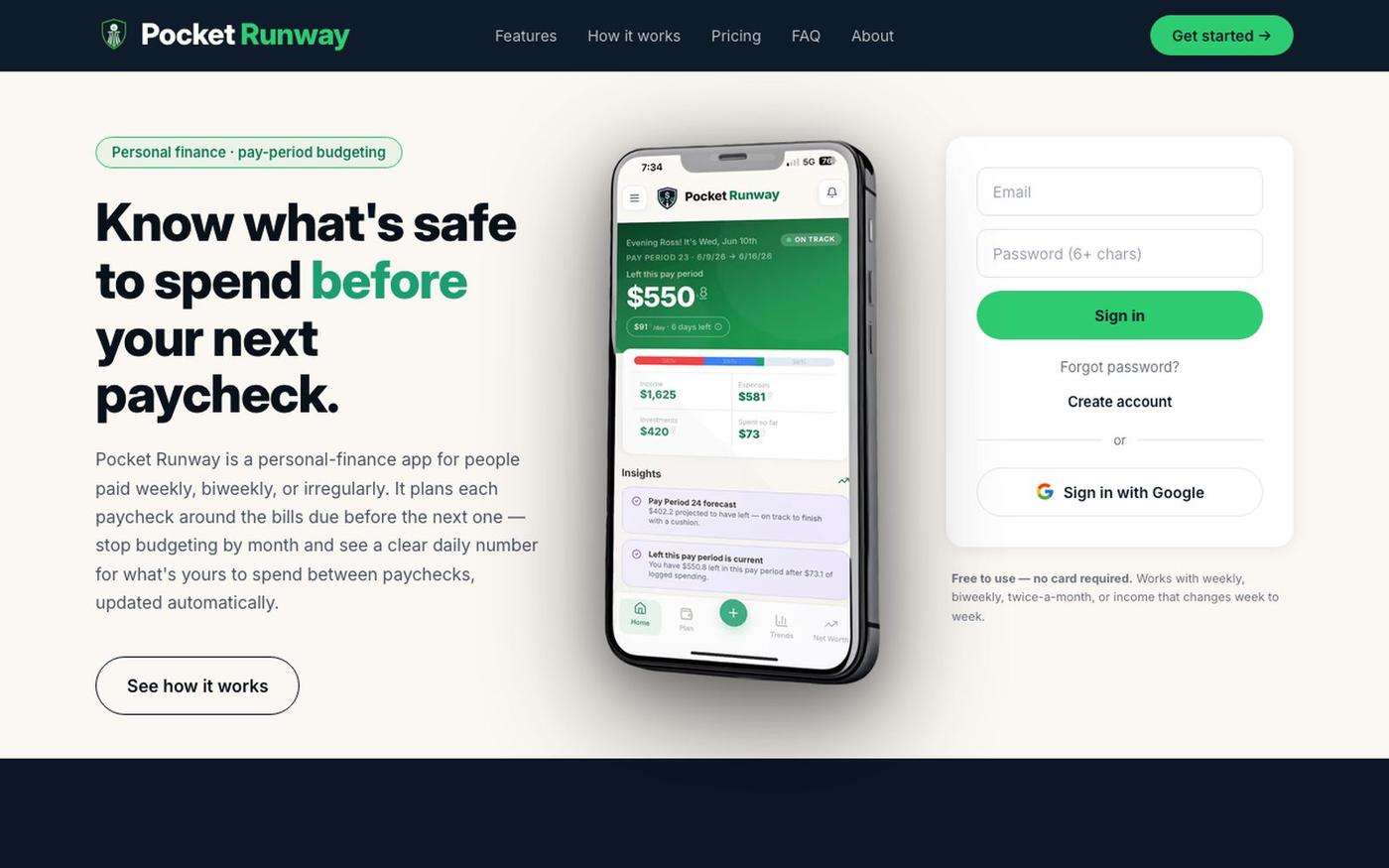 Paycheck Budgeting & Cash Flow App | Pocket Runway — screenshot