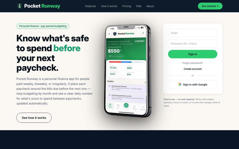 Paycheck Budgeting & Cash Flow App | Pocket Runway — screenshot