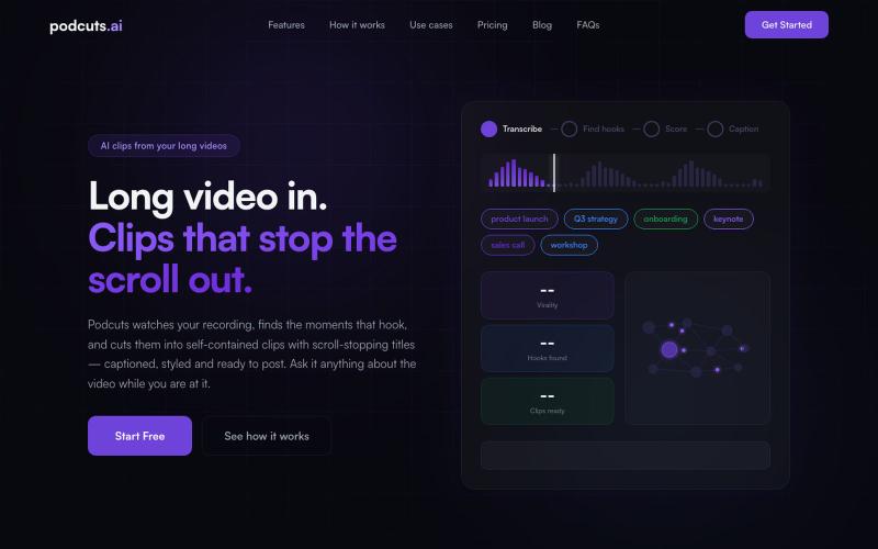 Podcuts.ai — AI Clips, Captions and Hooks from Your Long Videos — screenshot
