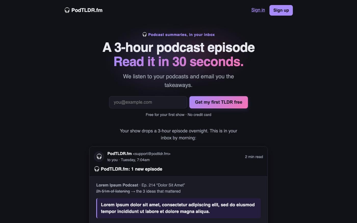 PodTLDR.fm — a 3-hour podcast episode, read in 30 seconds — screenshot