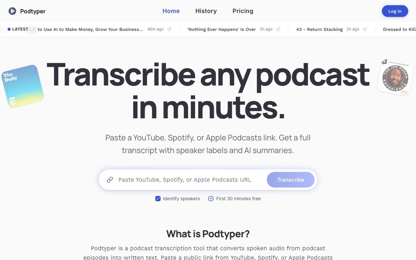 Podtyper - Transcribe Any Podcast to Text | YouTube, Spotify & Apple — screenshot