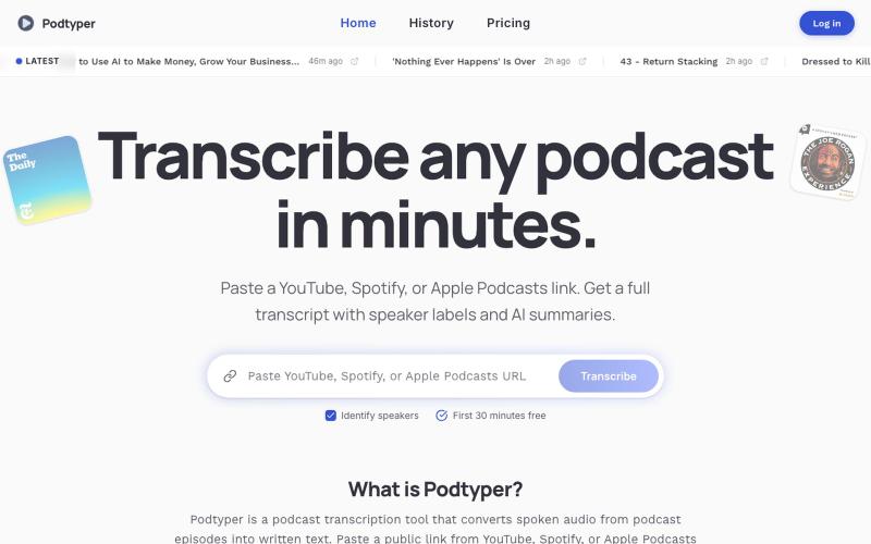 Podtyper - Transcribe Any Podcast to Text | YouTube, Spotify & Apple — screenshot