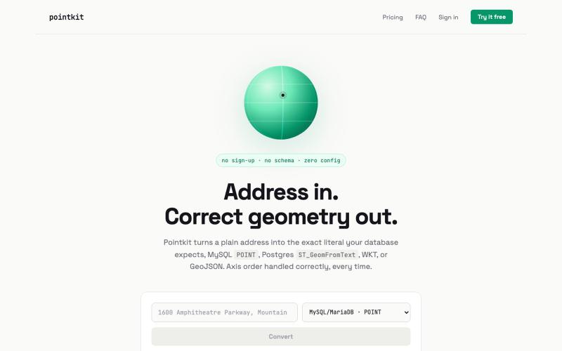 Address to MySQL POINT & Postgres Geometry Converter | Pointkit — screenshot