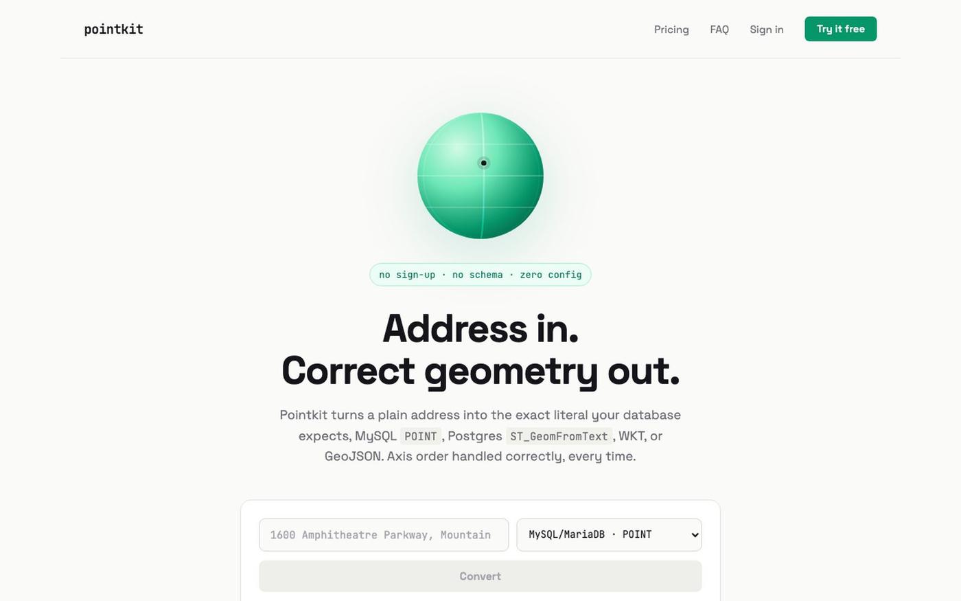 Address to MySQL POINT & Postgres Geometry Converter | Pointkit — screenshot