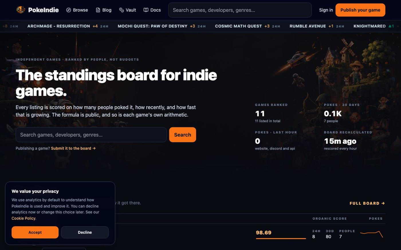 PokeIndie: the indie games standings board — screenshot