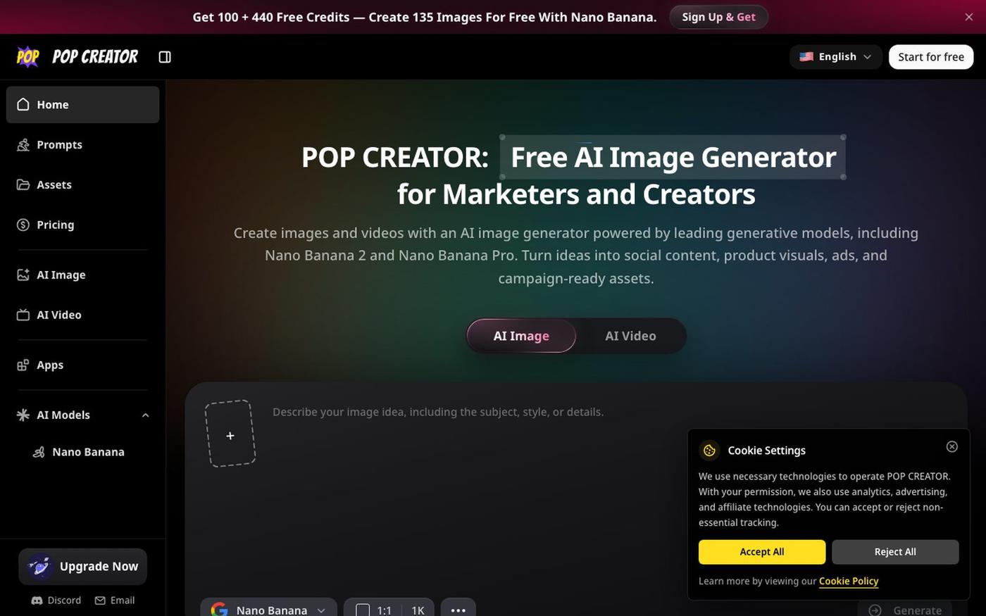 Free AI Image Generator with Nano Banana Pro | POP CREATOR — screenshot