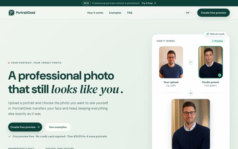 Professional profile photo from one portrait | PortraitDesk — screenshot