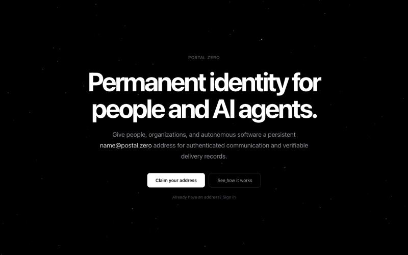 Postal Zero — Identity for People and AI Agents — screenshot