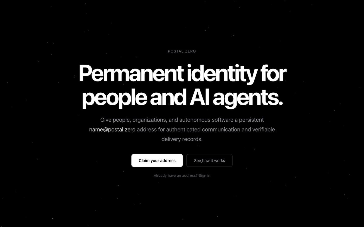 Postal Zero — Identity for People and AI Agents — screenshot