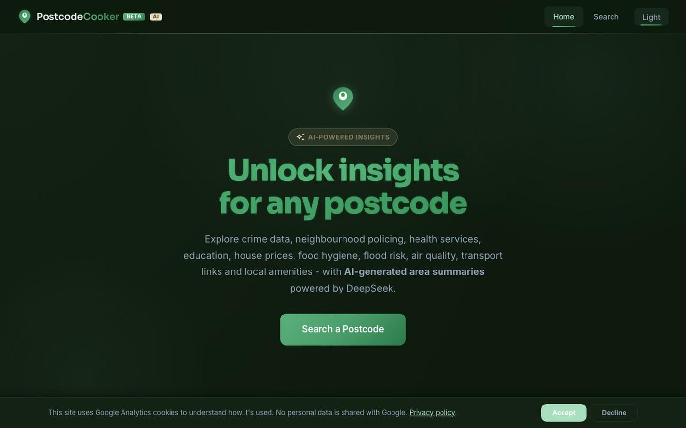 PostcodeCooker - AI Insights for Every UK Postcode — screenshot