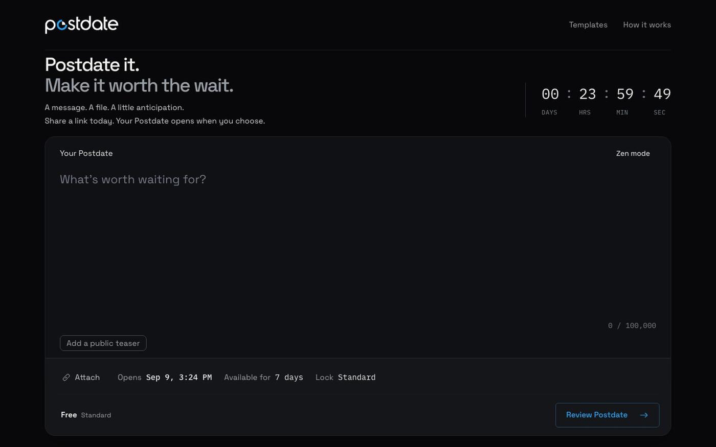 Time-Locked Messages & File Sharing | Postdate — screenshot