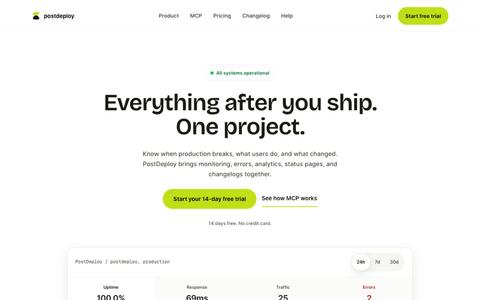 Everything after you ship, in one place. | PostDeploy β screenshot