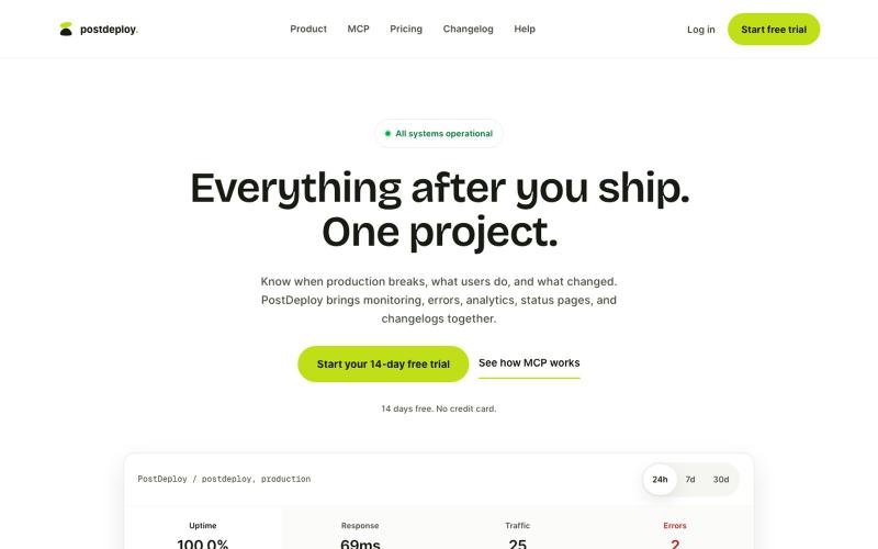 Everything after you ship, in one place. | PostDeploy — screenshot