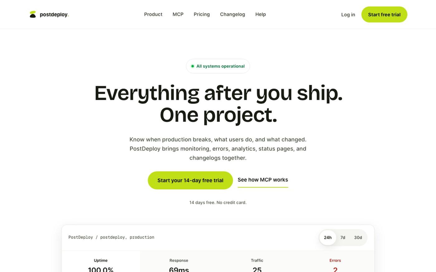 Everything after you ship, in one place. | PostDeploy — screenshot