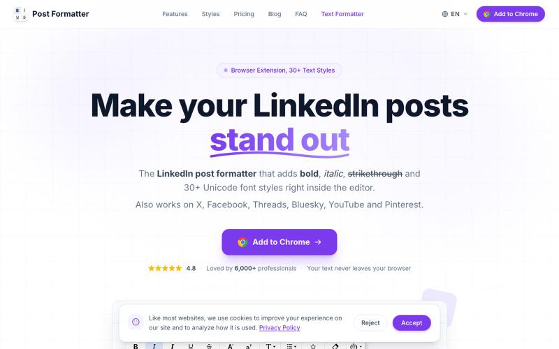 LinkedIn Post Formatter, Bold Text & 30+ Fonts | Chrome Extension — screenshot