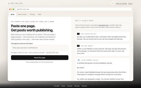 Post for Site — paste one page, get posts worth publishing — screenshot