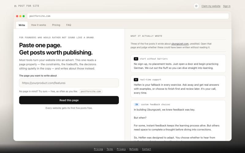 Post for Site — paste one page, get posts worth publishing — screenshot