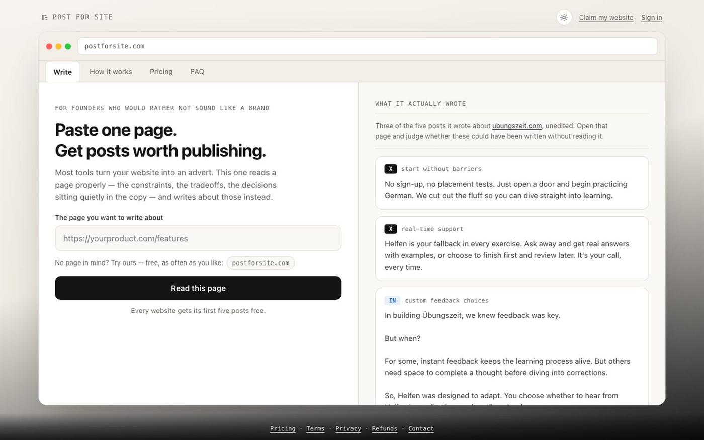Post for Site — paste one page, get posts worth publishing — screenshot