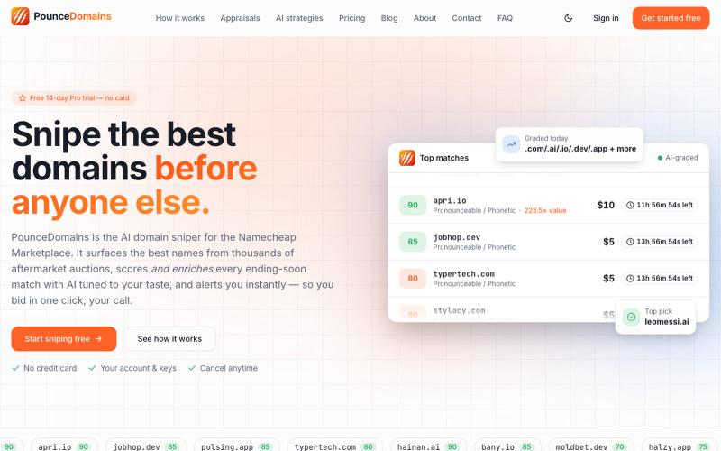 Namecheap Marketplace Domain Sniper App | PounceDomains — screenshot
