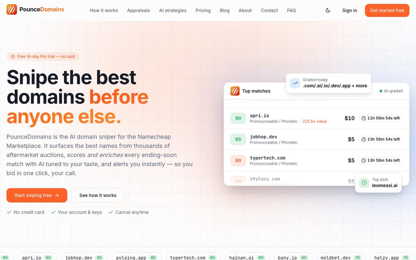 Namecheap Marketplace Domain Sniper App | PounceDomains — screenshot