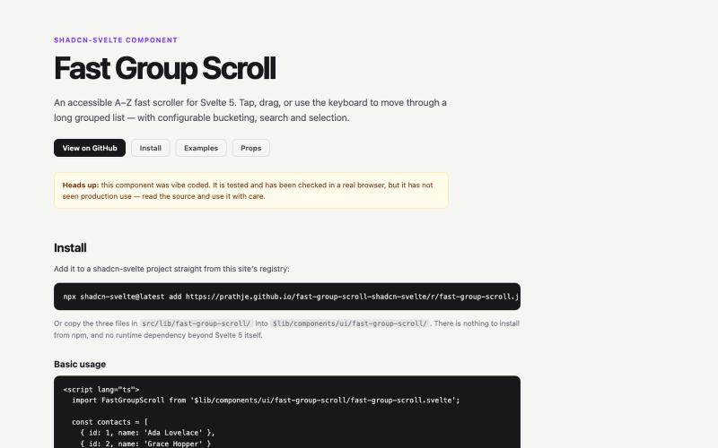 Fast Group Scroll — grouped-list fast scrolling for Svelte 5 — screenshot