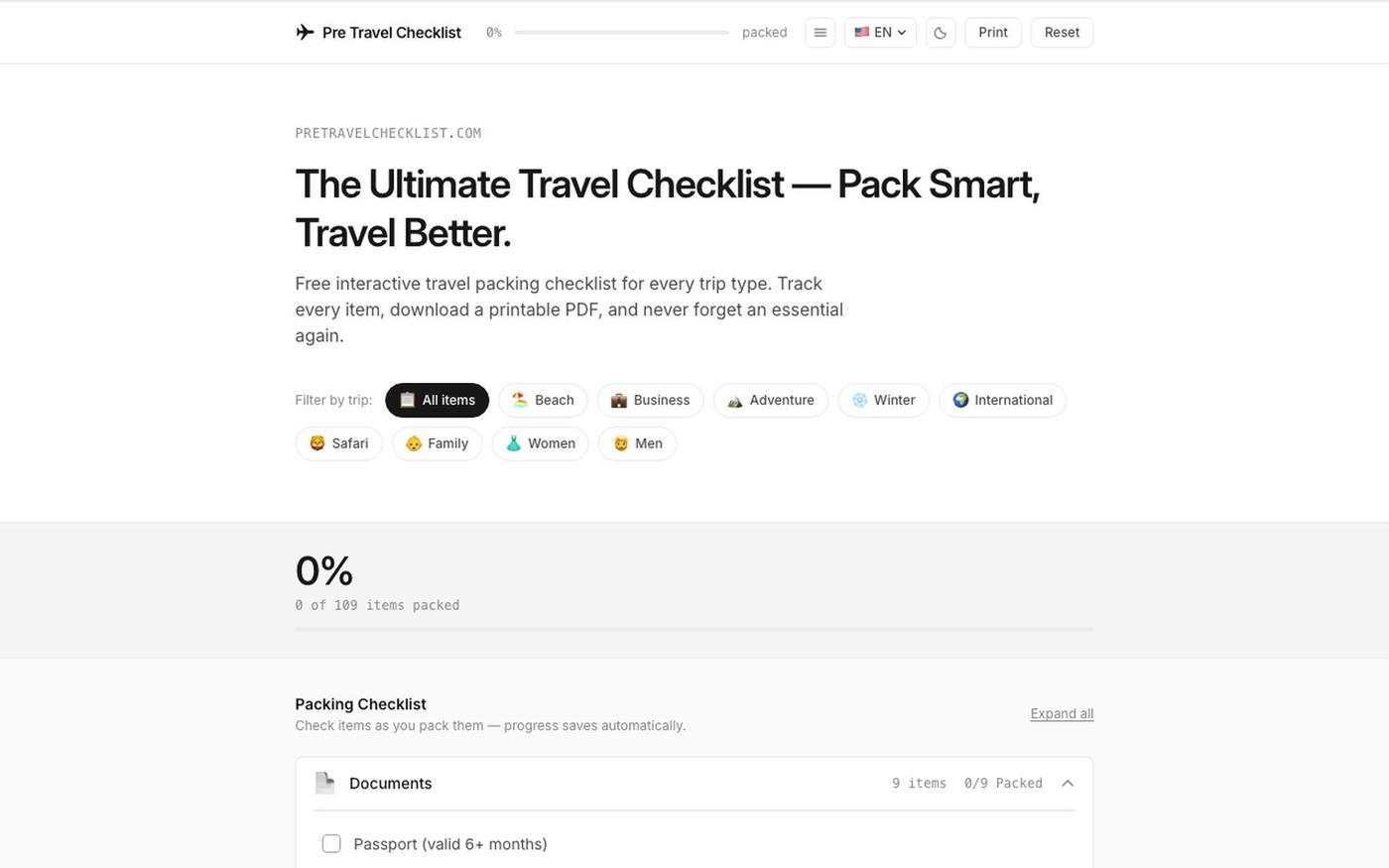 Free Travel Checklist — Ultimate Packing List for Every Trip — screenshot