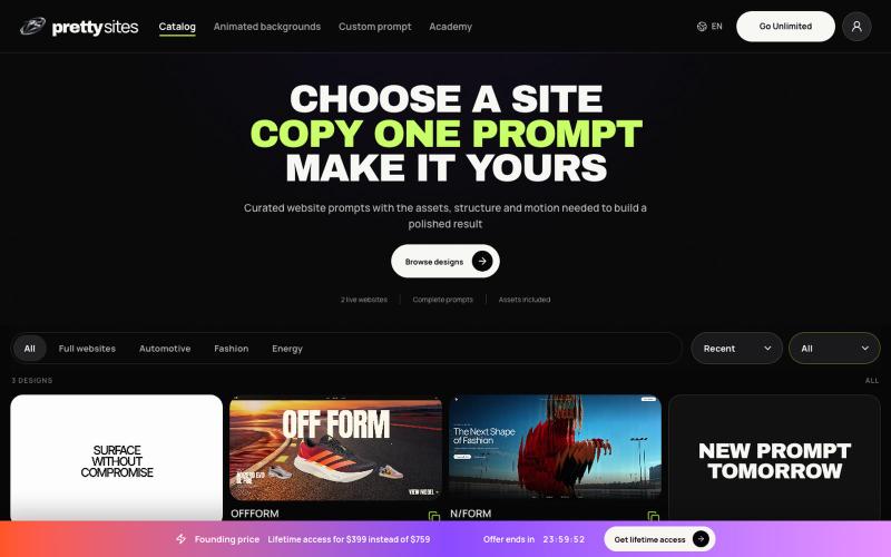 PrettySites | Website prompts for AI coding tools — screenshot