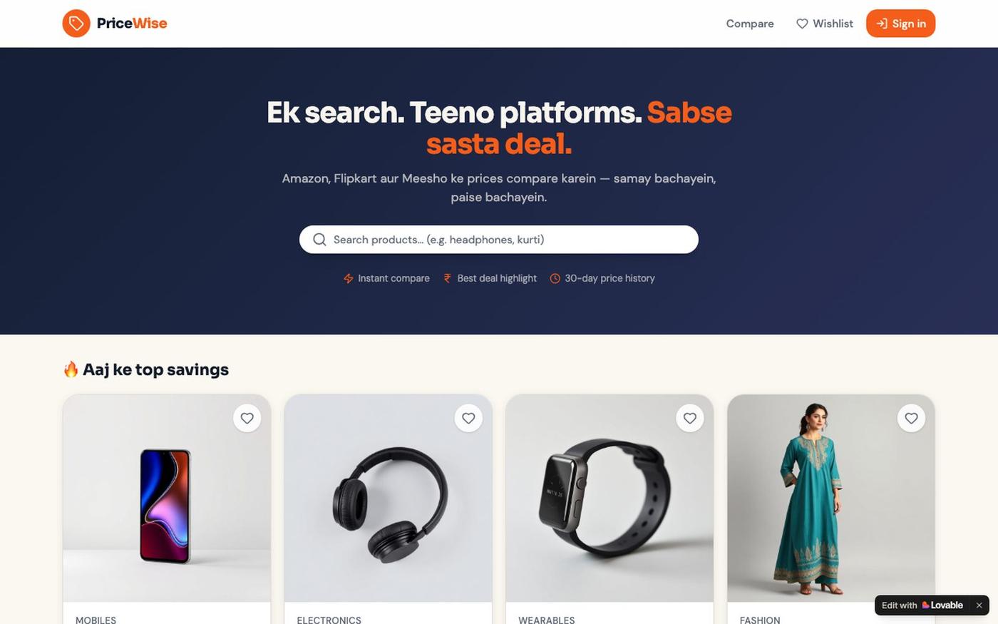 PriceWise — Amazon, Flipkart, Meesho Price Compare — screenshot